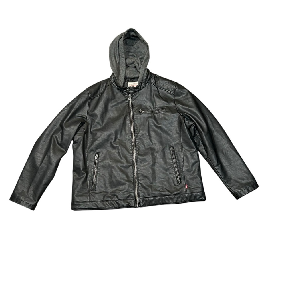 Levis Mens XXL Black Faux Leather Moto Jacket Quilted Lined Hooded